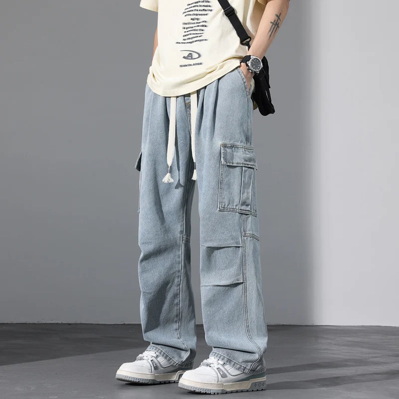 Large Pocket Baggy Solid Jeans Men's 2026 New Spring Classic Straight Denim Trousers Street Y2K Elastic Waist Casual Cargo Pants