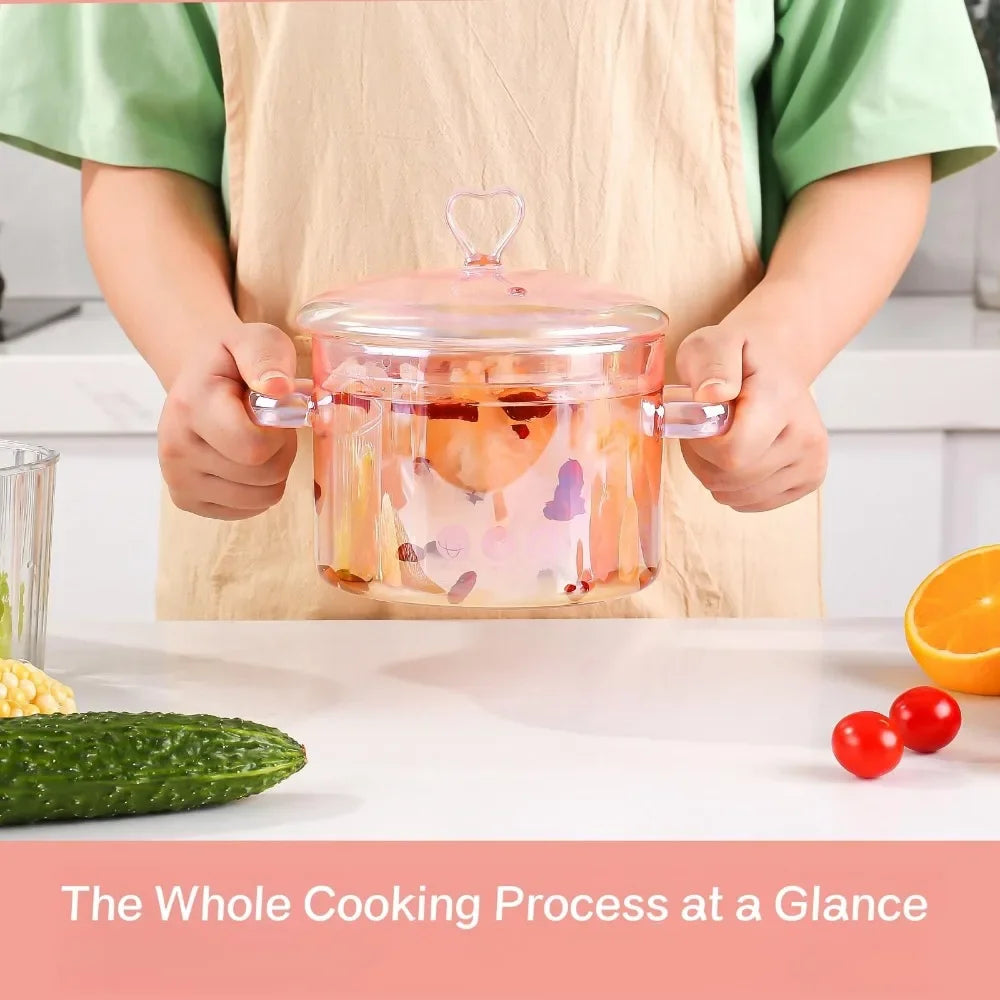 Aesthetic Pink Glass Saucepan Borosilicate Resistant Binaural Soup Stovetop Stew Pot Pasta Noodle Stockpot Cookware Kitchen Tool