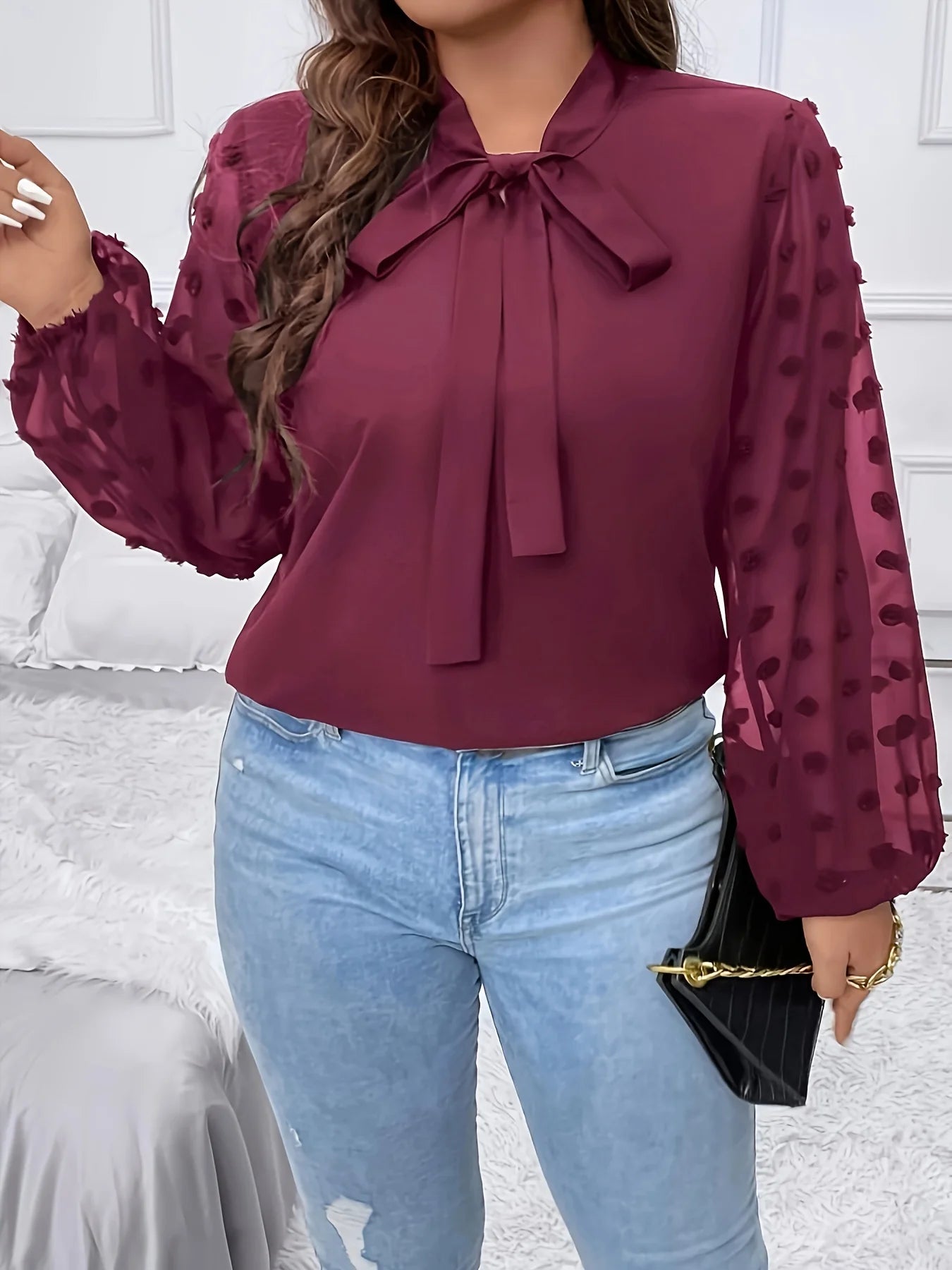 Plus Size Spring Autumn Women Elegant Bow Tie Neck Shirt Office Lady Fashion Solid Curve Clothing Casual Long Sleeve Tops