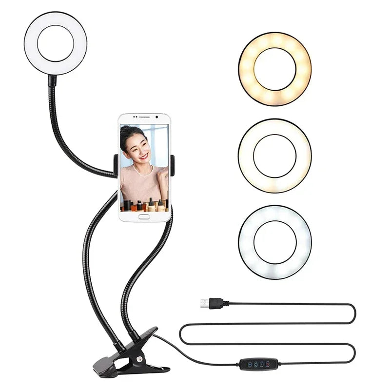 Universal Flexible Mobile Phone Holder with Selfie Ring Light Office Lazy Bracket Desk Lamp LED Light for Live Stream Fill light