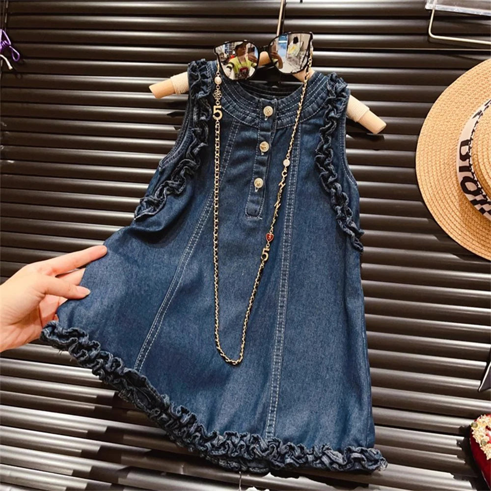 Bear Leader Summer 2024 New Girl Fungus Edge Solid Color Three-Button Classic Denim Sleeveless Vest Dress