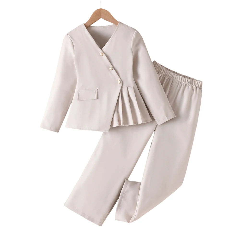 6-14Y Kids Fashionable Suit For Girls Slant Collar Beige Irregular Coat and Suit Trousers Spring Fall Kids Blazer Girls Outfits