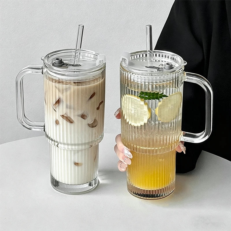 600ML Stripe Glass Coffee Cup With Handle And Lid Cover Straw Transparent Drinking Glasses For Juice Iced Coffee Mugs Drinkware