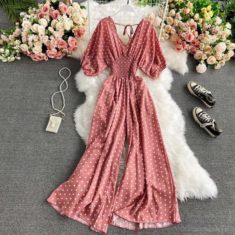 Women Wide Leg Trousers Jumpsuit V Neck Sexy Dolman Sleeves Waist Slim Polka Dot Print Jumpsuit