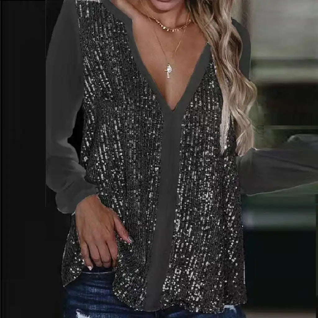Womens Tops Sequins Blouse Long Sleeve Shirts Shiny Sequined Sweatshirt Patchwork Pullover Tops Loose Comfy Basic Shirt