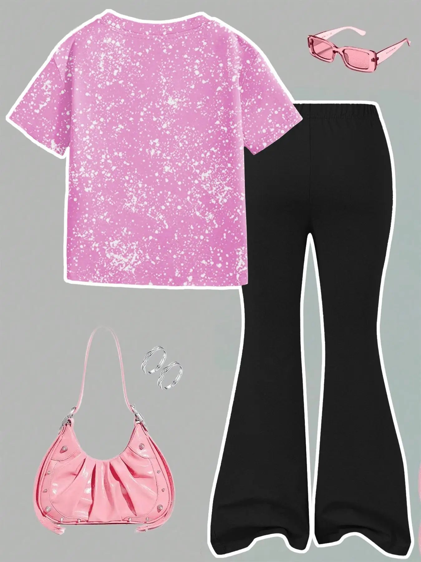 Girls 2-Piece K-Pop Outfit - Pink Splatter Print T-Shirt & Black Flared Pants Set for Kids