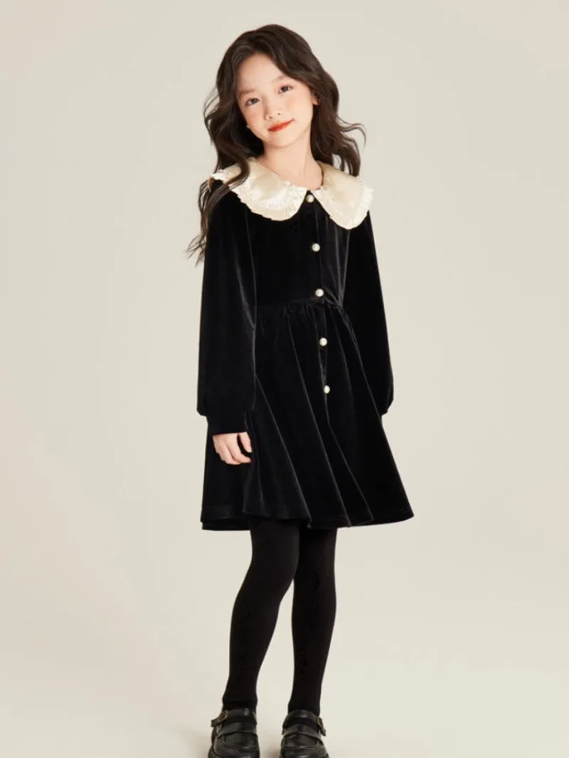 Girls' Autumn/Winter High-end Fleece-lined Velvet Elegant Black Princess Gown Dress - 4-12 Years Old