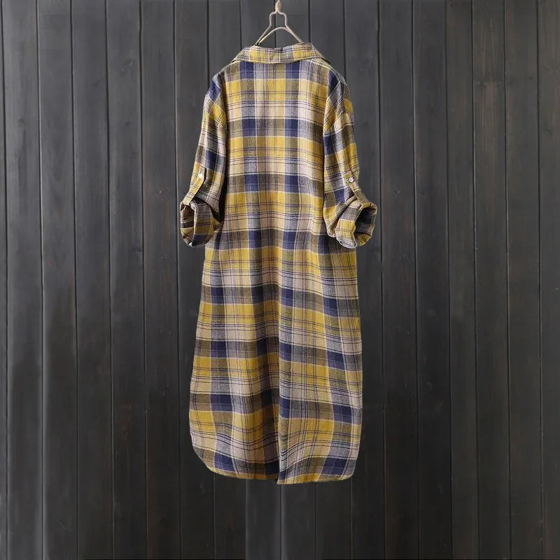 Plaid shirt women's long spring and autumn thin coat Western style long-sleeved shirt loose butt-covering cotton and linen top