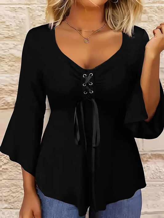 Plus size women's autumn new style European and American women's casual solid color strappy temperament T-shirt tops