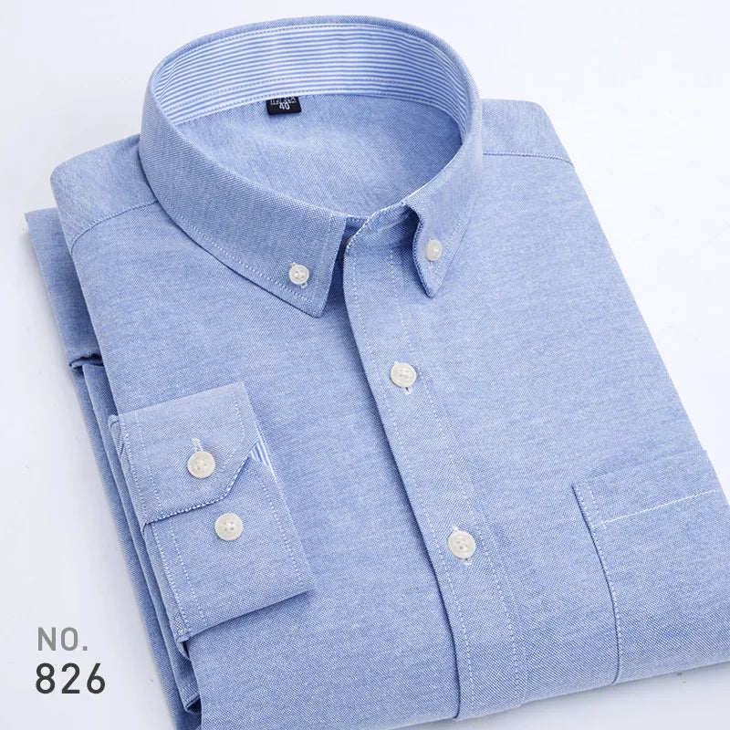 Mens Striped Plaid Oxford Spinning Casual Long Sleeve Shirt Comfortable Breathable Collar Button Design Slim Male Business Dress