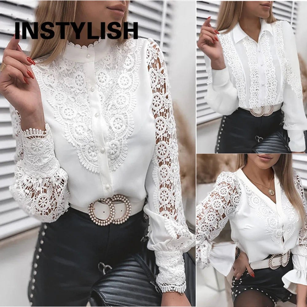Summer Floral Embroidery Lace Blouse Fashion Women V Neck Casual Shirt Elegant Chic Short Sleeve Hollow Out Tops Elegant Blusas
