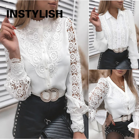 Summer Floral Embroidery Lace Blouse Fashion Women V Neck Casual Shirt Elegant Chic Short Sleeve Hollow Out Tops Elegant Blusas