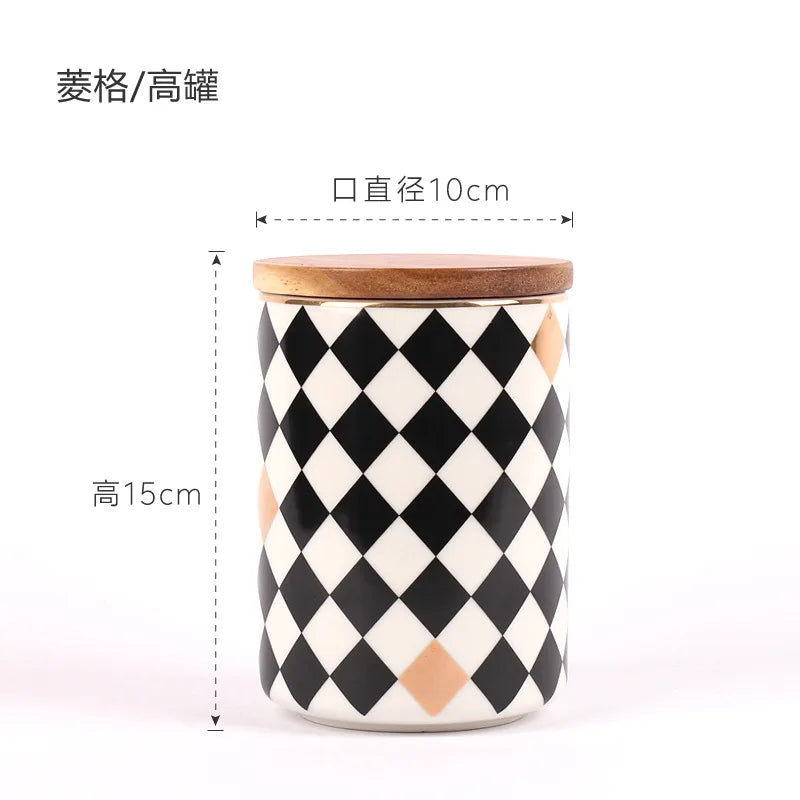 Household Ceramic Sealed Tank Creative Grain Storage Tank Kitchen Storage Box Coffee Wooden Lid Sealed Tea Storage Supplies