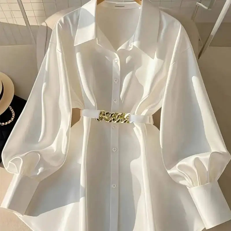 2025 French-Inspired Cinched Waist Blouse: White Shirt with Adjustable Belt Detail & Elegant Long Sleeves for Autumn Office