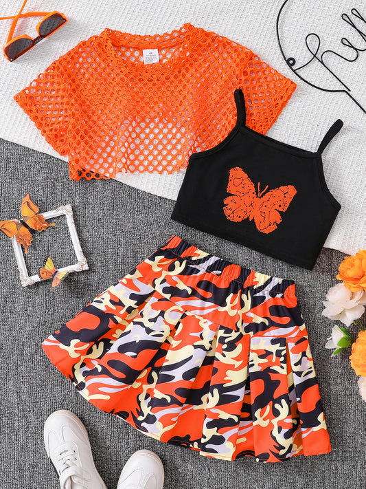 Summer girl fashion three-piece set, cool and breathable mesh short-sleeved T-shirt butterfly print spaghetti strap short skirt