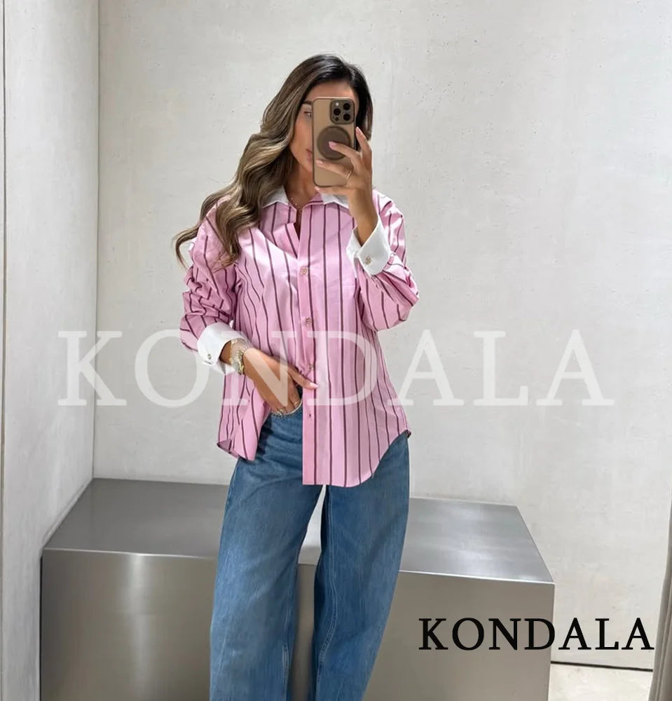 KONDALA Casual Stripes Pink Shirts Women's Trendy Vacation Buttons Lapel Shirts New 2026 Spring Summer Fashion High Street Shirt