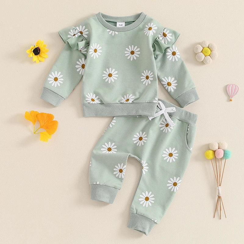 Pudcoco Toddler Newborn Baby Girl Fall Outfit Daisy Print Long Sleeve Sweatshirt with Elastic Waist Pants 2 Pcs Set 0-3T