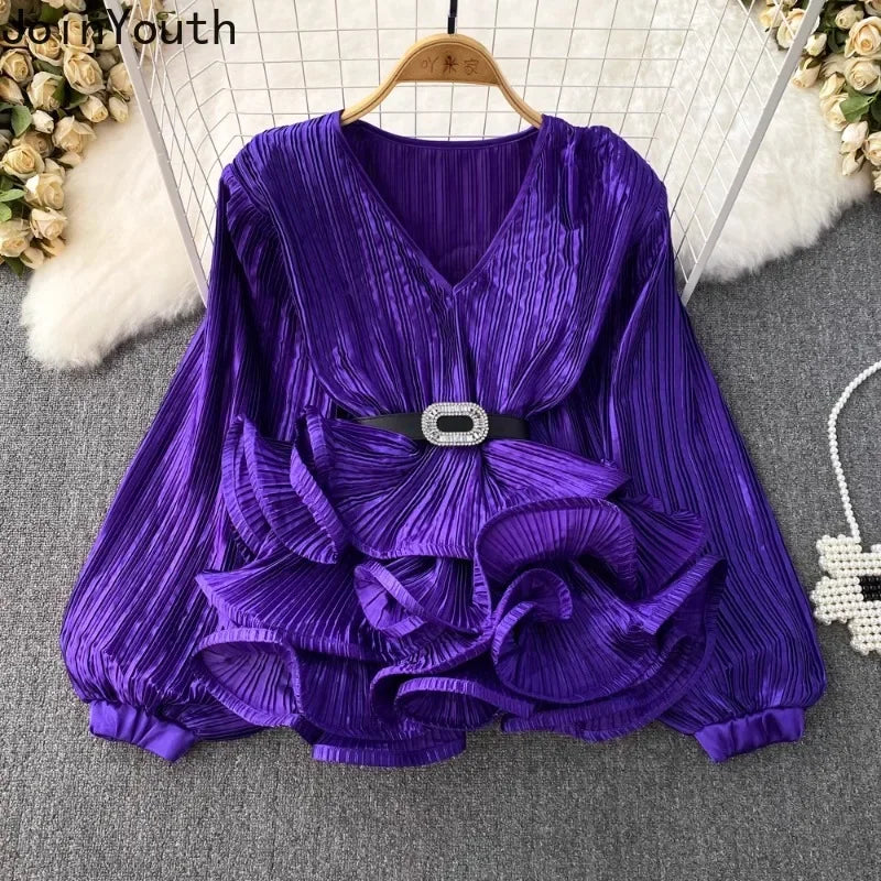 2026 Blusas Mujer De Moda Temperament Blouses Women Lantern Sleeve V-neck Slim Waist Shirts Folds Ruffles Vintage Blouse Tops