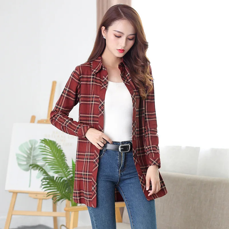 2025Autumn New Arrival Ladies Long Tops Flannel Plaid Shirt Women Long Sleeve Casual Cotton Shirt Elegant Female Check Clothes