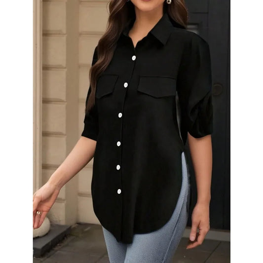 Plus Size 1XL-5XL New Women's Fashion Spring Autumn  Solid Color Blouse Shirt Single Breasted Lapel Split Long Sleeved Shirt