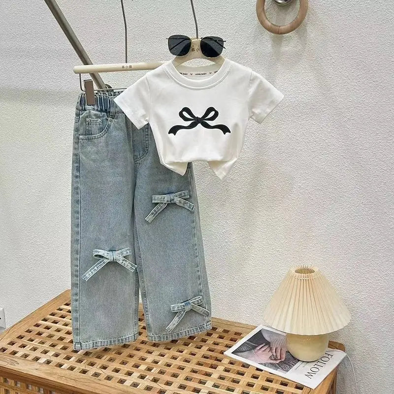 Summer Childrens Girls Clothing Sets Printed Bow Short Sleeve Top Jeans Suit Kids Girls 2pcs Sets 2-8 Years Girls Outfits