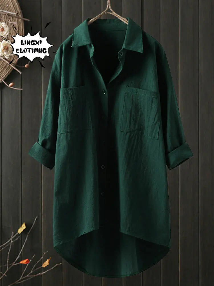 Elegant and Youth Woman Blouses Casual Home Cotton Linen Large Size Single Breasted Commuting Style Long Sleeved Shirt