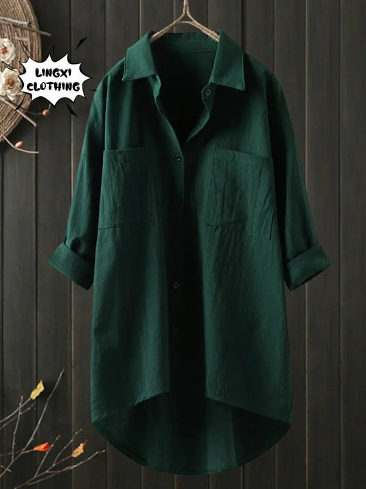 Elegant and Youth Woman Blouses Casual Home Cotton Linen Large Size Single Breasted Commuting Style Long Sleeved Shirt