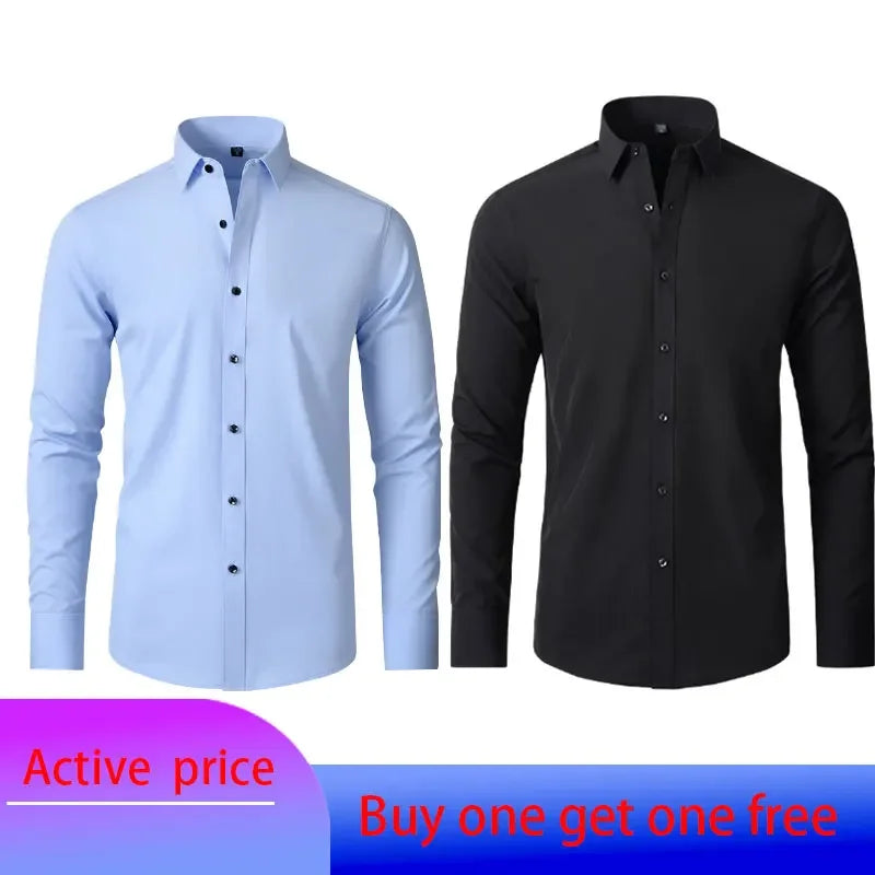 6xl New summer black White men's shirt elastic force non-iron long-sleeved business casual Oversize shirt  mercerized vertical