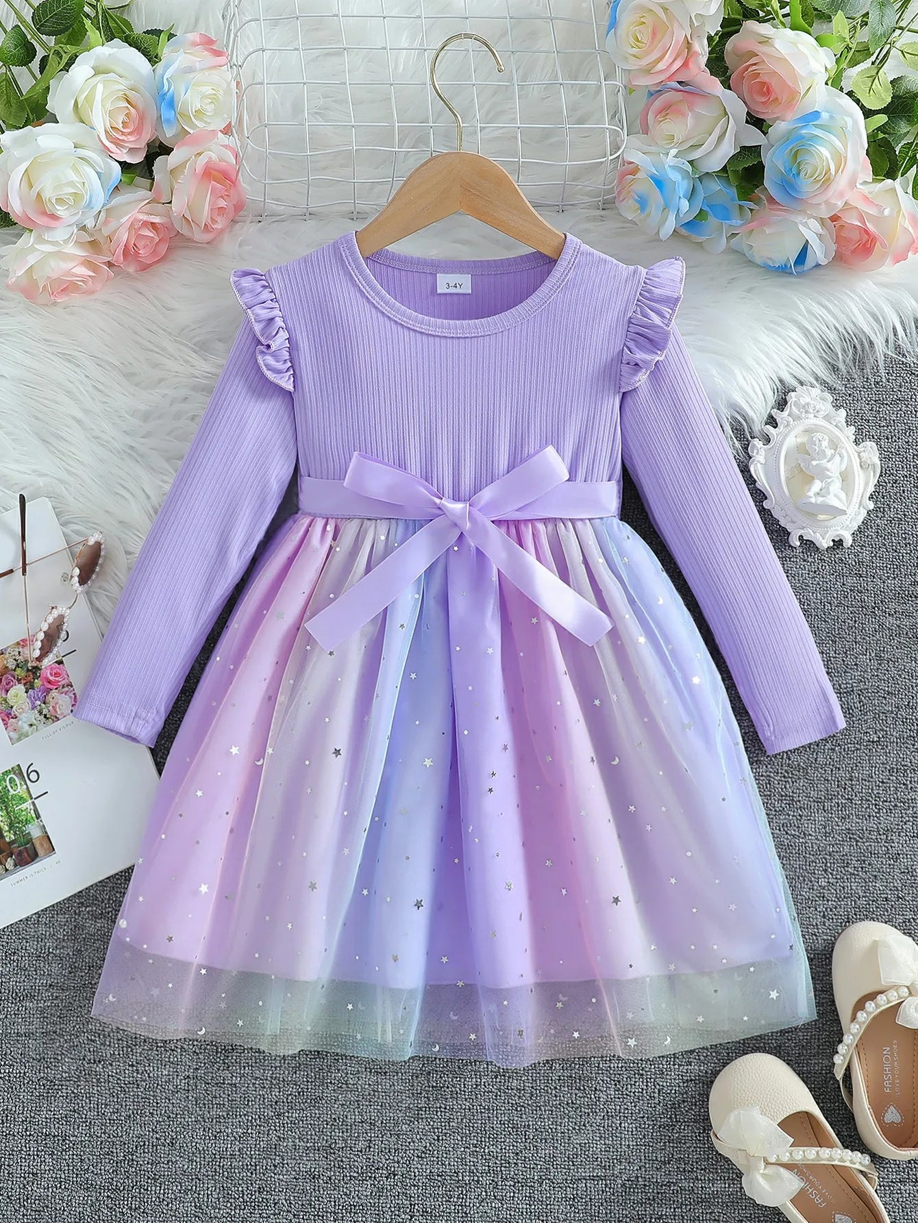 Girl's Long Sleeved Bow Dress 2-8Y Fashion Thin Children's Starry Sky Sequin Mesh Dress Spring Autumn Kid's Clothing