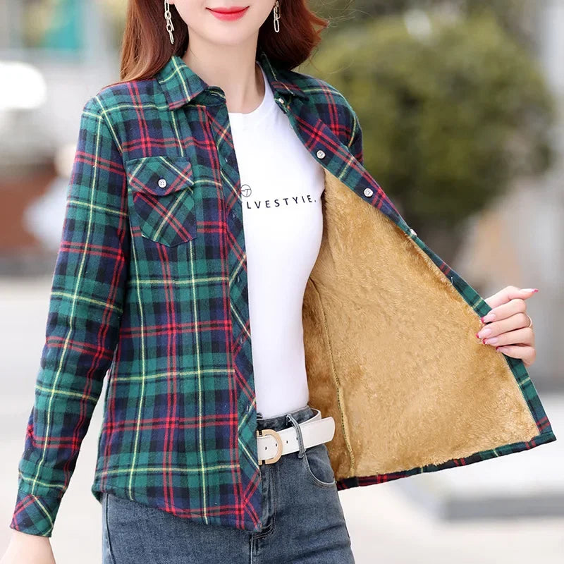 Thickened Fleece Women's Long Sleeve Shirt Autumn Winter New Style Warm Plaid Loose Fit  Style Cotton Button up Top