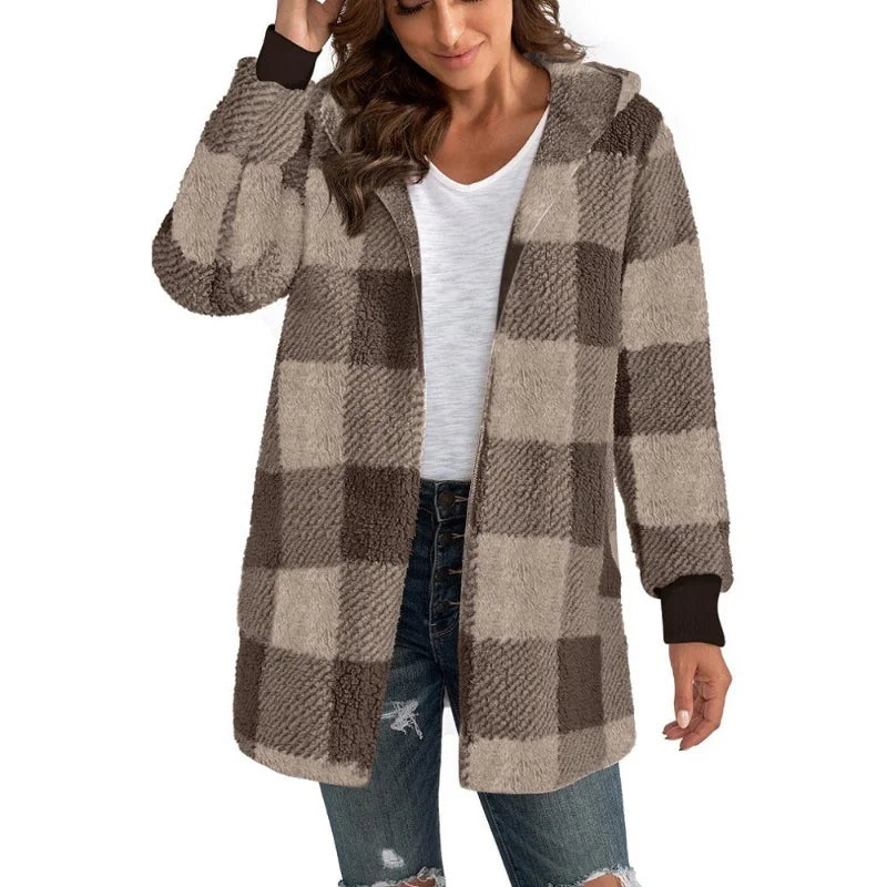 Women Autumn Winter Double Fleece Plaid Cardigan Soft Loose Long Sleeve Plush Warm Hooded Jacket Female Patchwork Outerwear Coat