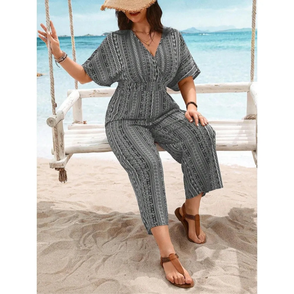 Plus Size 1XL-5XL Fashion Women's New Casual Print Short Sleeve Jumpsuit