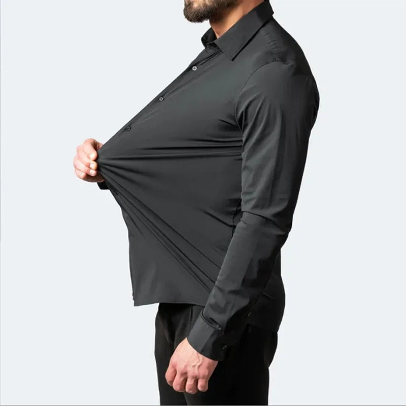 6xl New summer black White men's shirt elastic force non-iron long-sleeved business casual Oversize shirt  mercerized vertical