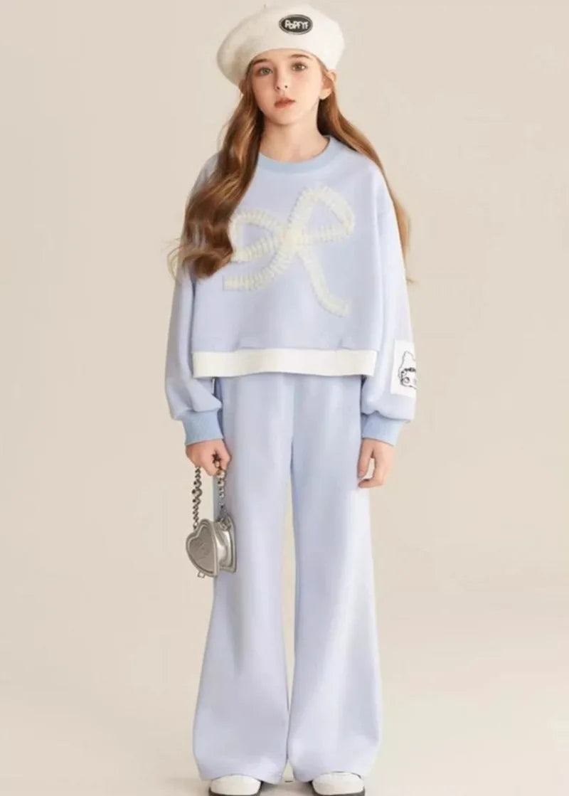 Top & Pants 2-Piece Set Sweatshirt Bow Korean Children's Clothing 2025 Autumn Winter Suits Clothes for Girls From 7 To 8 Years
