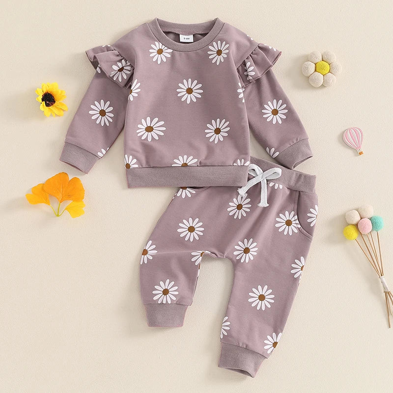 Pudcoco Toddler Newborn Baby Girl Fall Outfit Daisy Print Long Sleeve Sweatshirt with Elastic Waist Pants 2 Pcs Set 0-3T