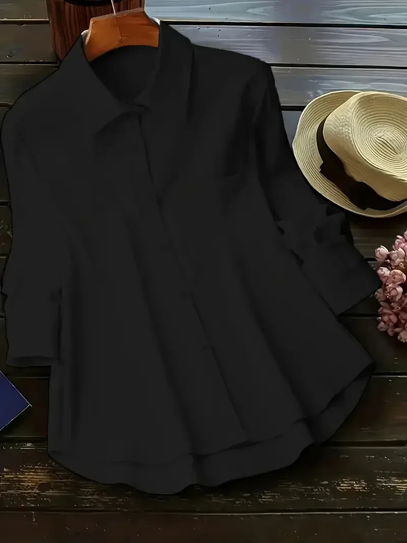 Plus Size Women Cotton Linen Button Down Shirts Lapel Shirt Tops Solid Color Loose Casual Long Sleeve Tops