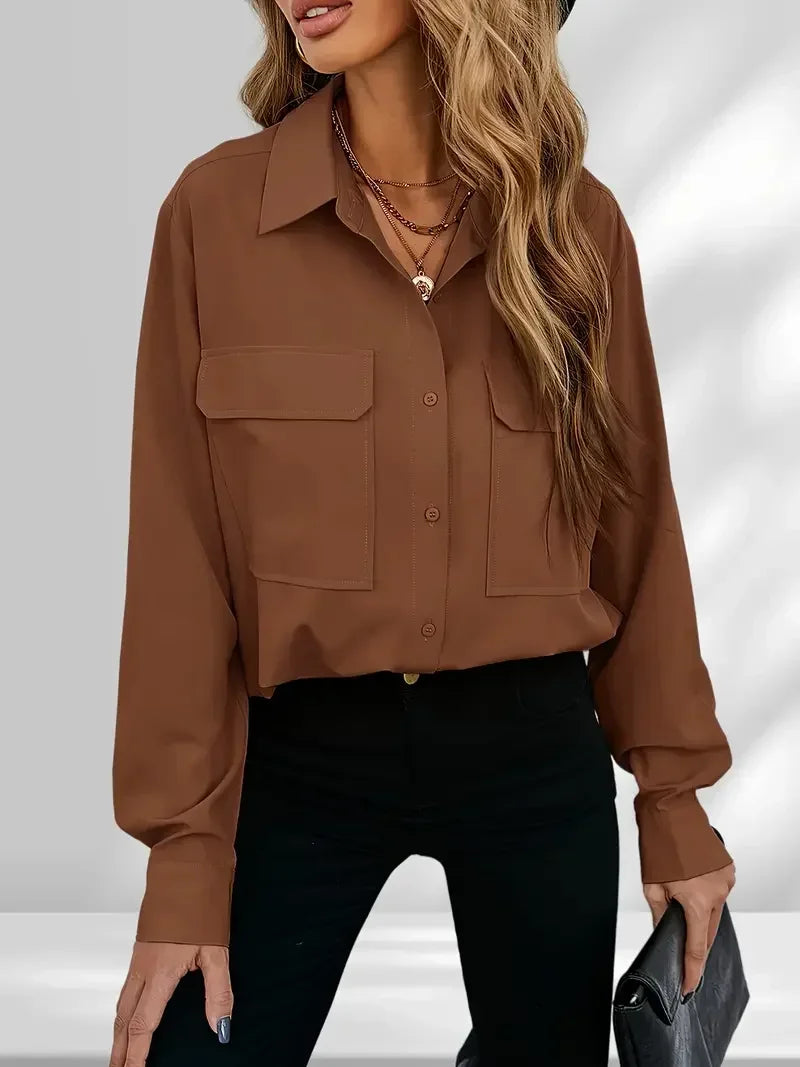 Plus Size 1Xl-5XL Women's Fashion Blouse Women's Solid Button Up Long Sleeve Turn Down Collar Blouse Pockets