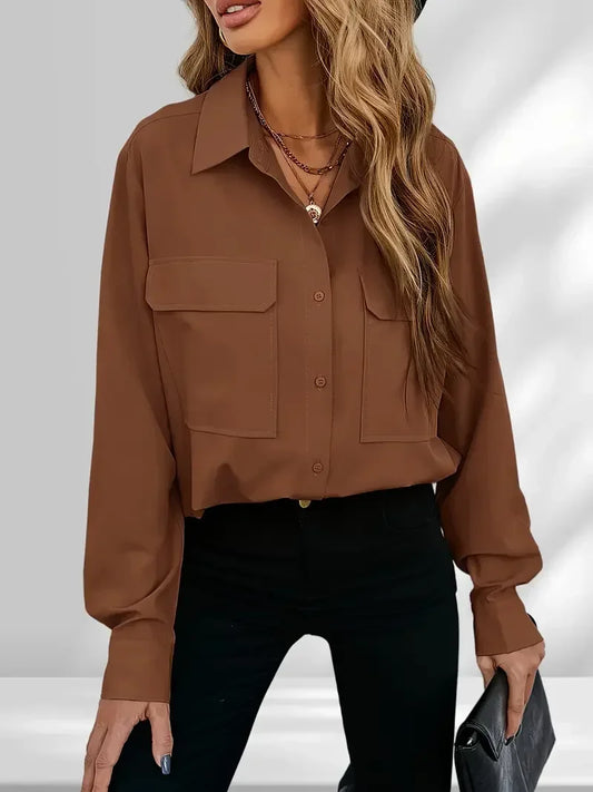 Plus Size 1Xl-5XL Women's Fashion Blouse Women's Solid Button Up Long Sleeve Turn Down Collar Blouse Pockets
