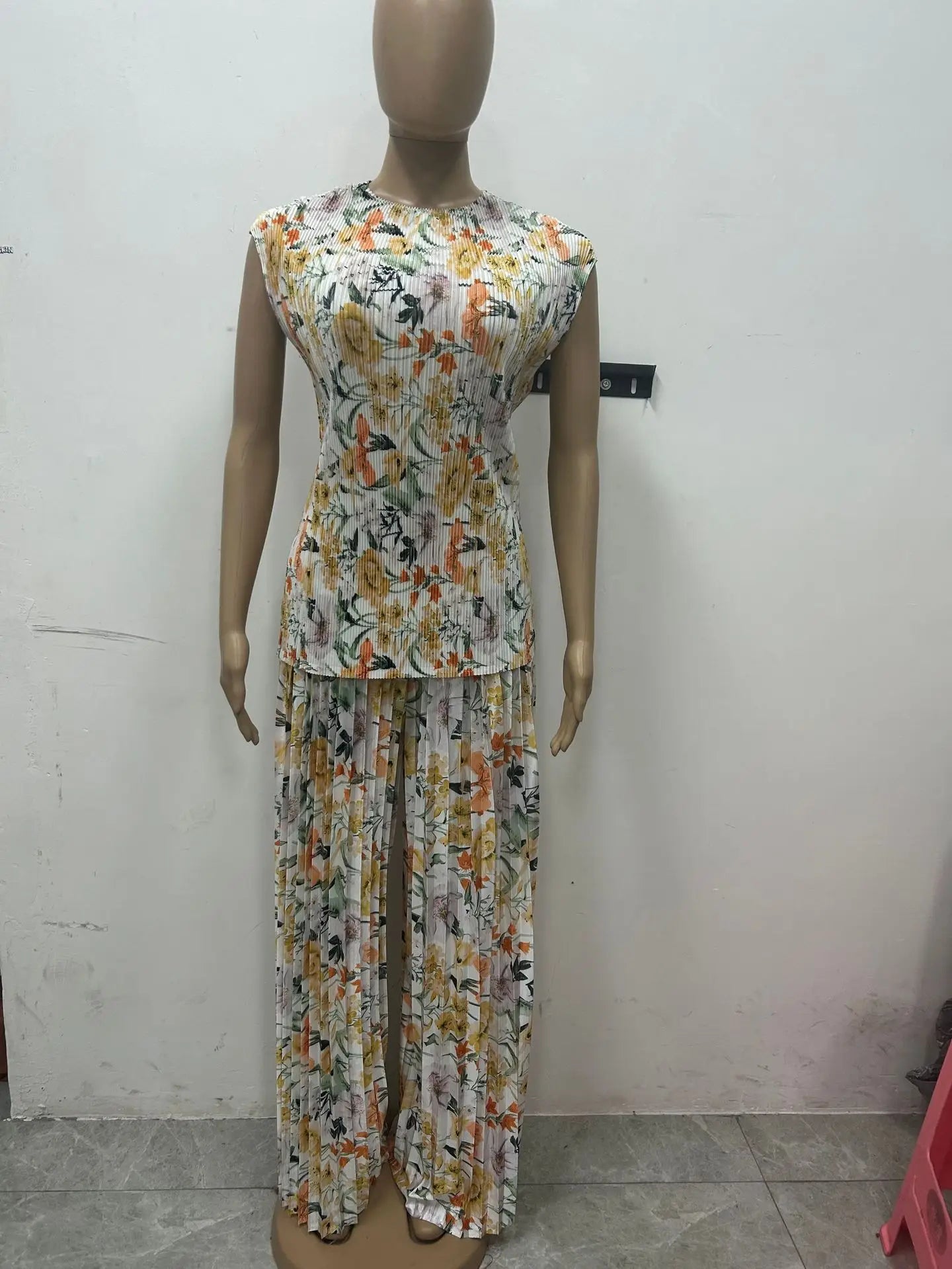 Women Set Floral Print Short Sleeve Pleated T-Shirt + Wide Leg Pants 2025 Street Sexy Two 2Piece Sets Outfits Tracksuit