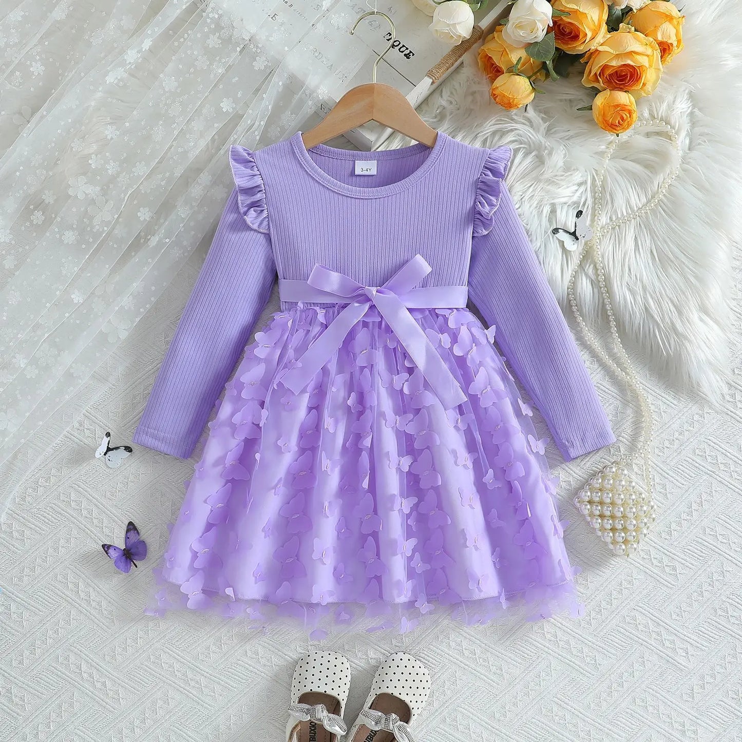 Girl's Long Sleeved Bow Dress 2-8Y Fashion Thin Children's Starry Sky Sequin Mesh Dress Spring Autumn Kid's Clothing