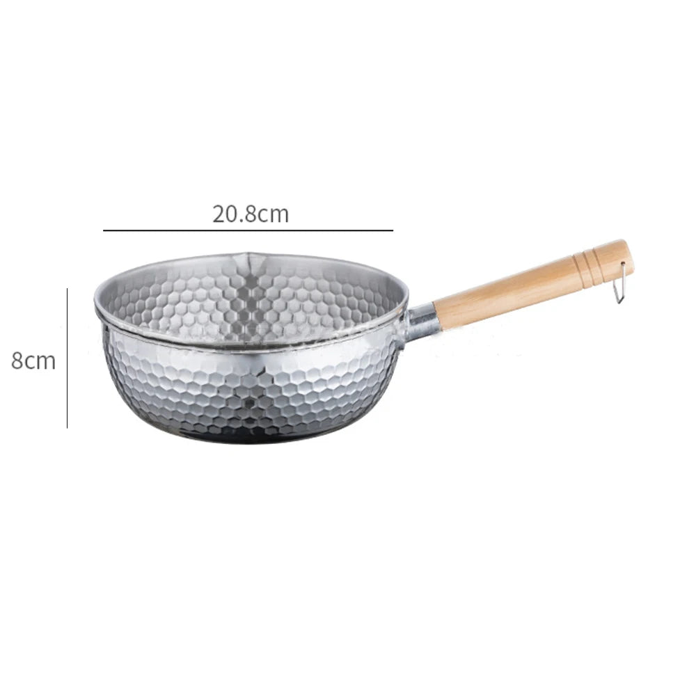430 Stainless Steel Soup Pot Japanese-style Snow Pot Flat Bottom Non-stick Wok Wooden Handle Stew Pot Milk Pot Kitchen Cookware