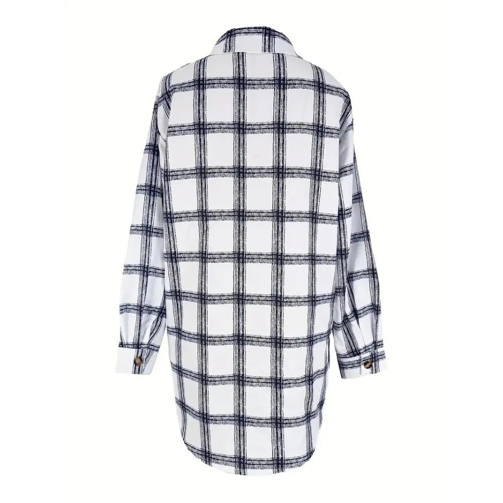 Plus Size Plaid Shirt: Lightweight Artistic Texture Blouse with Notch Collar & Loose Fit Long Sleeves for Office and Casual Wear