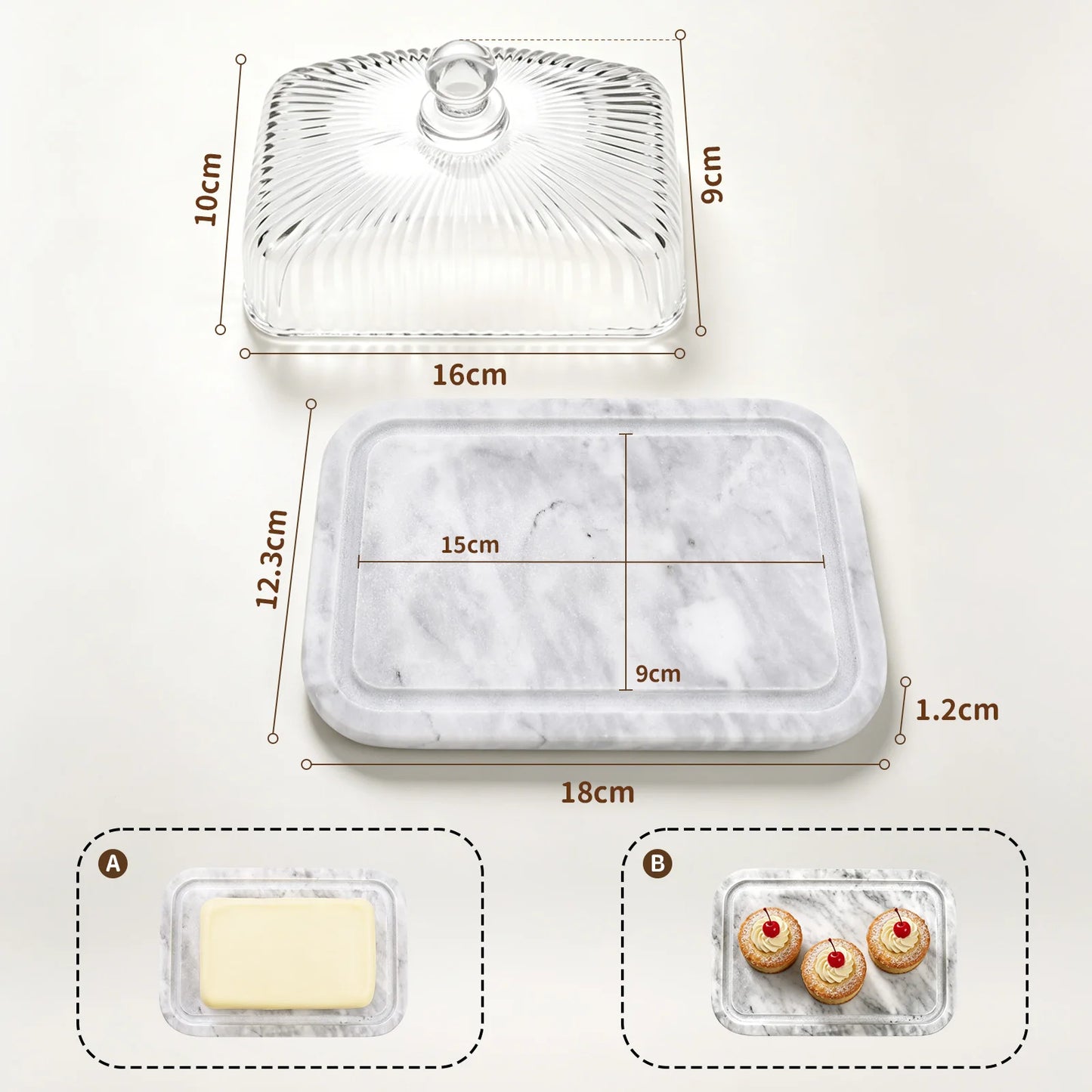 Marble Base Glass Dome Butter Dish with Lid Cheese Bread Cup Cake Fruit Serving Tray Restaurant Quality Food Storage Container