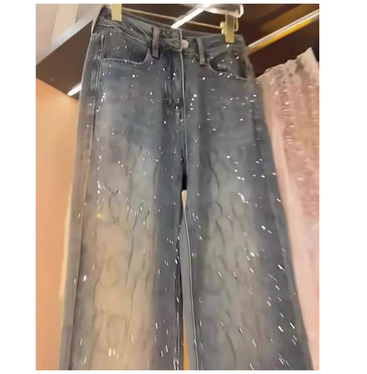 Hot Stamping Diamond Jeans for Women 2025 Spring Autumn Trendy Shiny Rivet Wide Leg Pants Female Straight Loose Denim Pants