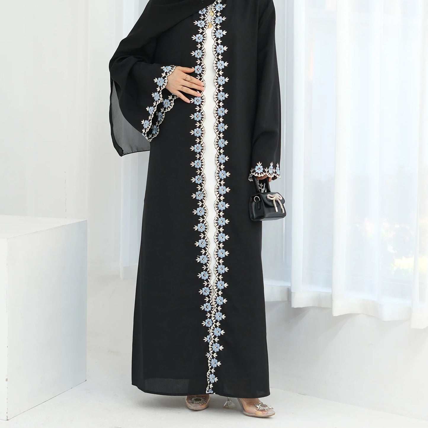Eid Ramadan Flower Embroidery Abayas for Women Muslim Dress Dubai Open Abaya Turkey Kaftan Kebaya Caftan Marocain Femme Robe New