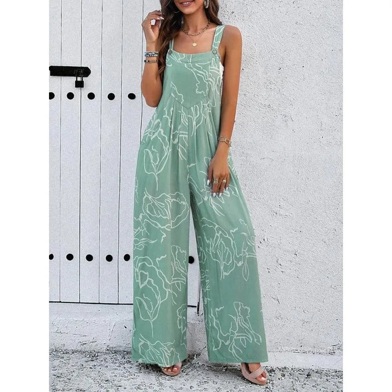 Plus Size Women's New Fashion Button Sexy Sleeveless Suspender Temperament Printed Casual Belt Pocket Jumpsuit