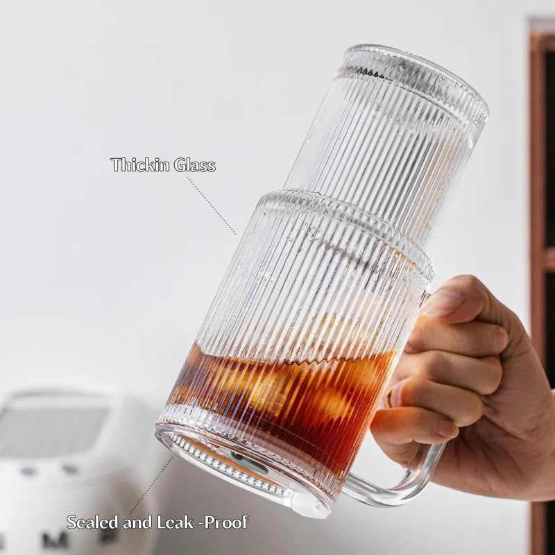 600ML Stripe Glass Coffee Cup With Handle And Lid Cover Straw Transparent Drinking Glasses For Juice Iced Coffee Mugs Drinkware