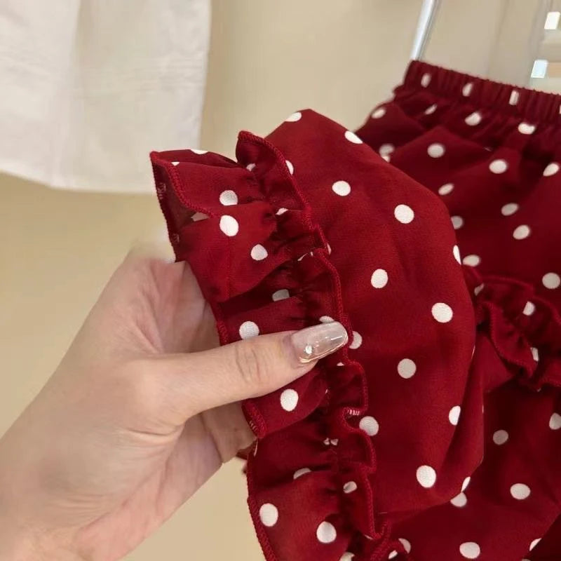 2025 New Strap Little Red Riding Hood Set Summer Cute Girl Hook Flower Western Style Tank Top Polka Pants Skirt Three Piece Set