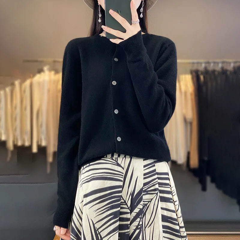 100% Merino Wool Sweater Women O-Neck Cardigan Basic Style  Buttoned Knitwear Female Casual Autumn Winter Soft Tops