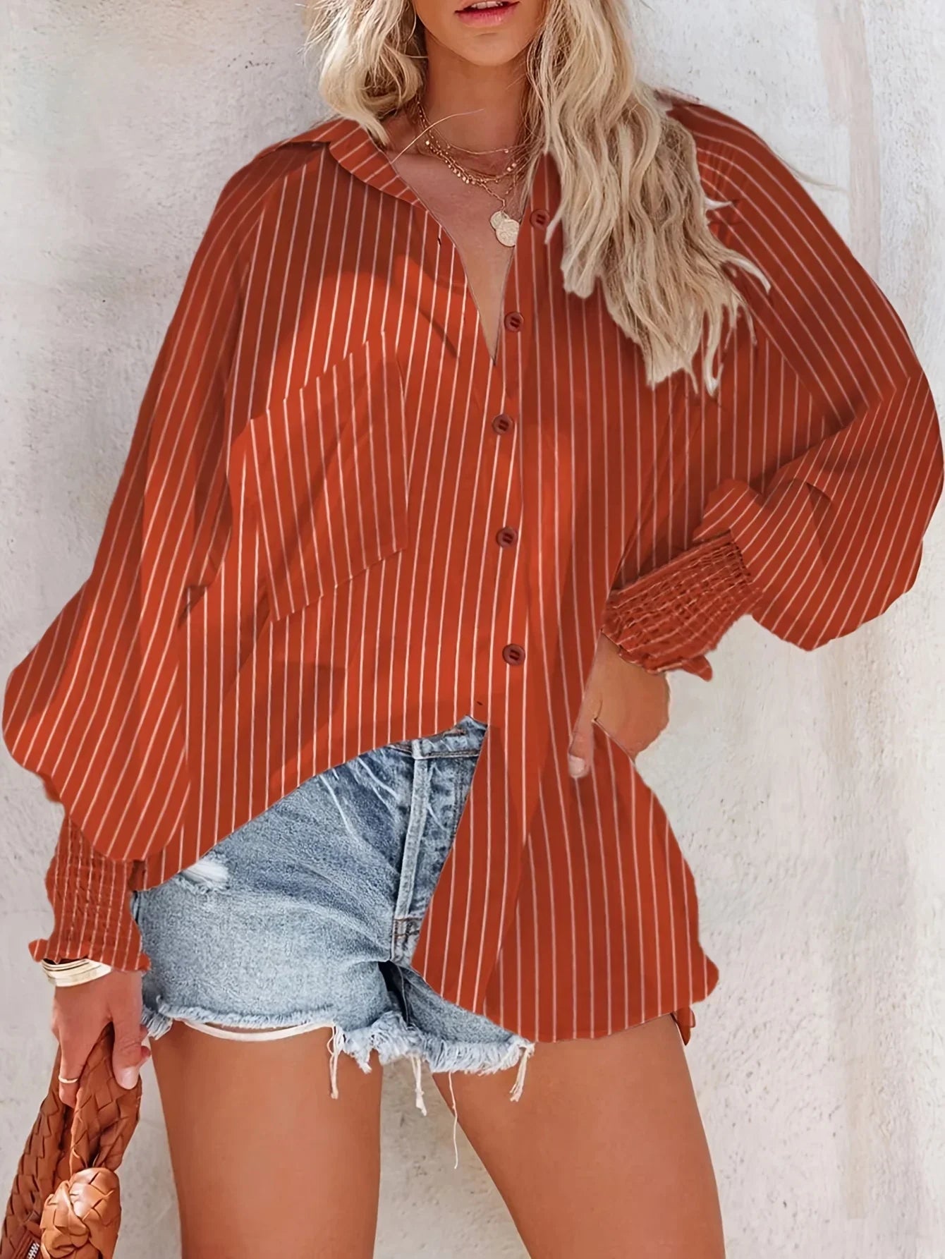 Plus Size 1XL-5XL Women's Casual Striped Breathable Blouse Shirt Ladies Fashion V-neck Button-down Long Sleeve Loose Shirt Top